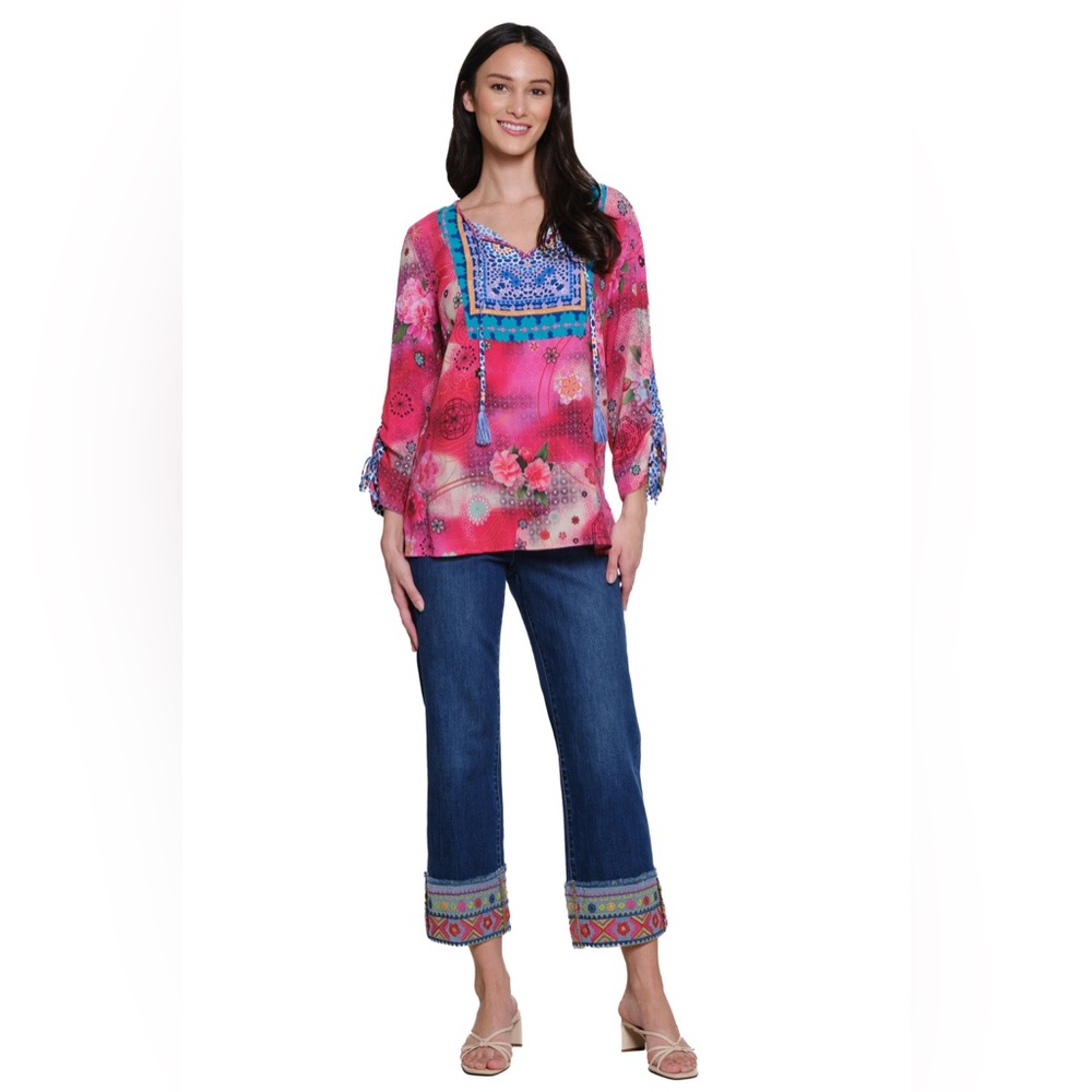 John Mark Plus Size 20W Boho Embroidered Accent Cuff Cropped Denim Jeans NWT - Picture 3 of 7